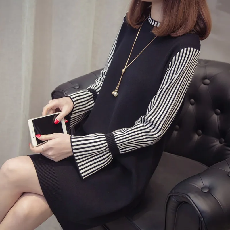 

Plus Size Dress Women Autumn Long-Sleeve Fake Two-piece Dress Solid Patchwork Straight Female Vestidos Loose Knee-Length Dresses