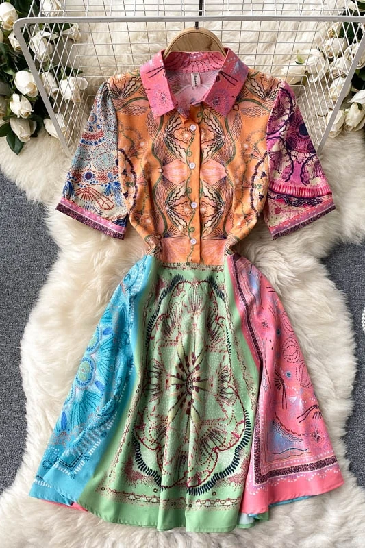 

Women's 2021 new design sense niche print short-sleeved temperament POLO collar slim short dress