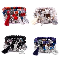 4pcsset fashion beaded chain bracelet set for women men i love you feather tassel charm elastic bangle ethinic jewerly