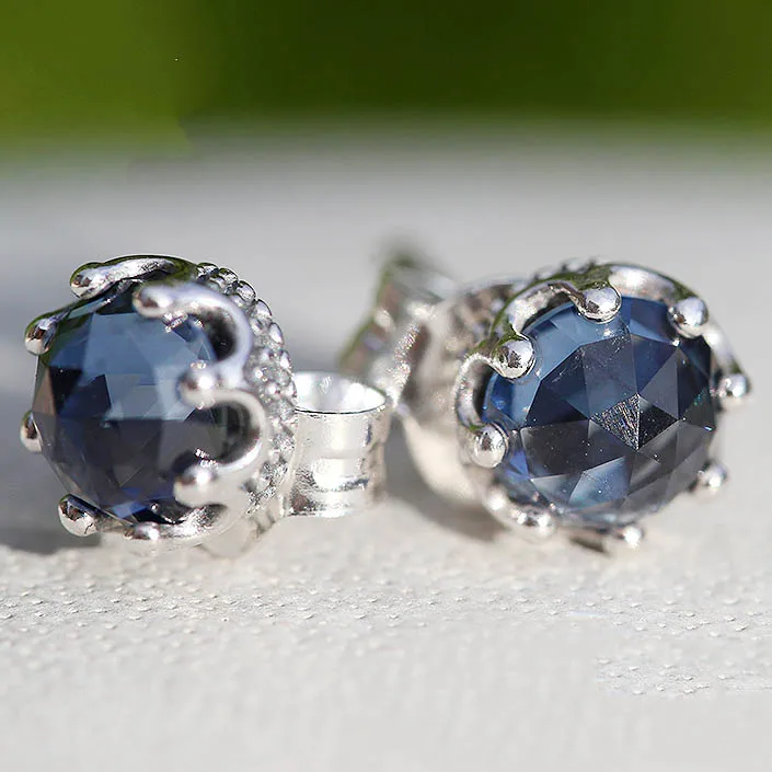 

Original 925 Sterling Silver Earring Blue Sparkling Crown Stud Earrings With Crystal For Women Wedding Gift Fine Europe Jewelry