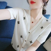 2021 new short sleeve ice silk cardigan women summer thin temperament v collar loose knit top