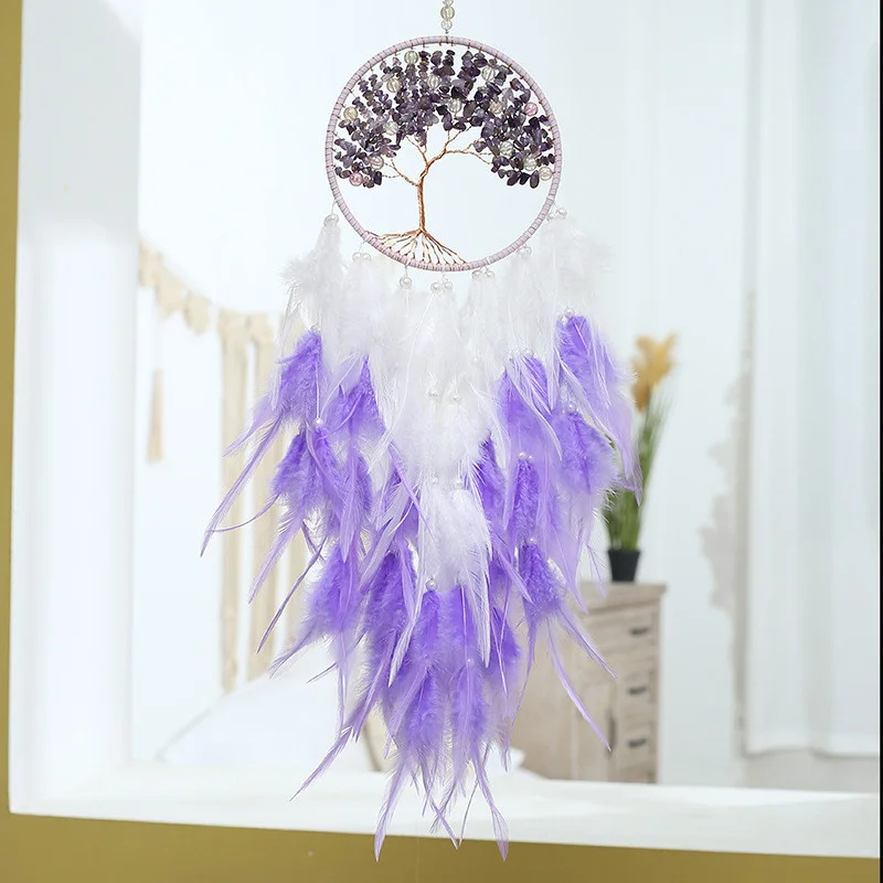 

White Purple Feathers Pendant Creative Gravel Tree Of Life Dream Catcher Wall Hanging Wind Chimes Home Decor Handicrafts Gifts