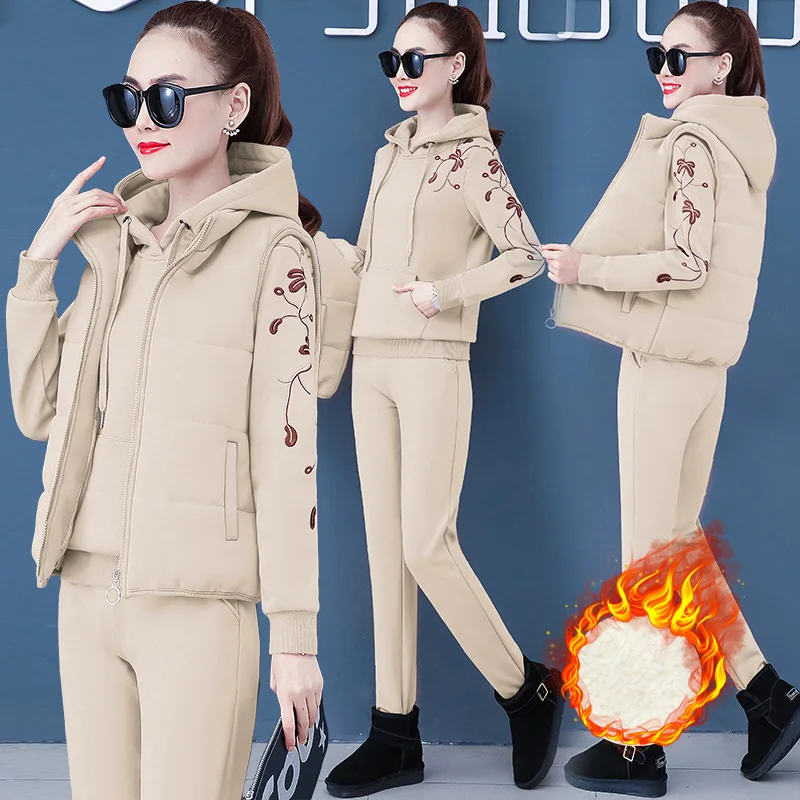 Женский Бархатный спортивный костюм 2019 зимняя куртка с капюшоном + жилет брюки