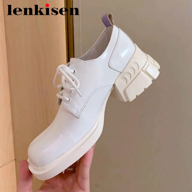 

Lenkisen european style split leather mixed colors designer round toe high heels lace up preppy style gorgeous women pumps L06