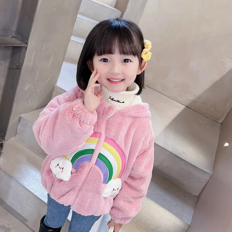 

Girl Jacket Thick Warm Fleece Toddler Kids Clothes Winter Cute Rainbow Hooded Jackets Children Clothing Jacket for Baby Girls