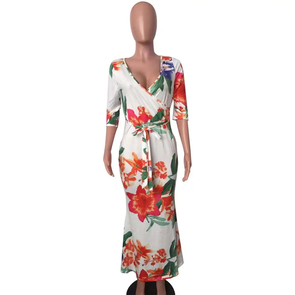 Женское длинное облегающее Макси платье с цветочным принтом и поясом в