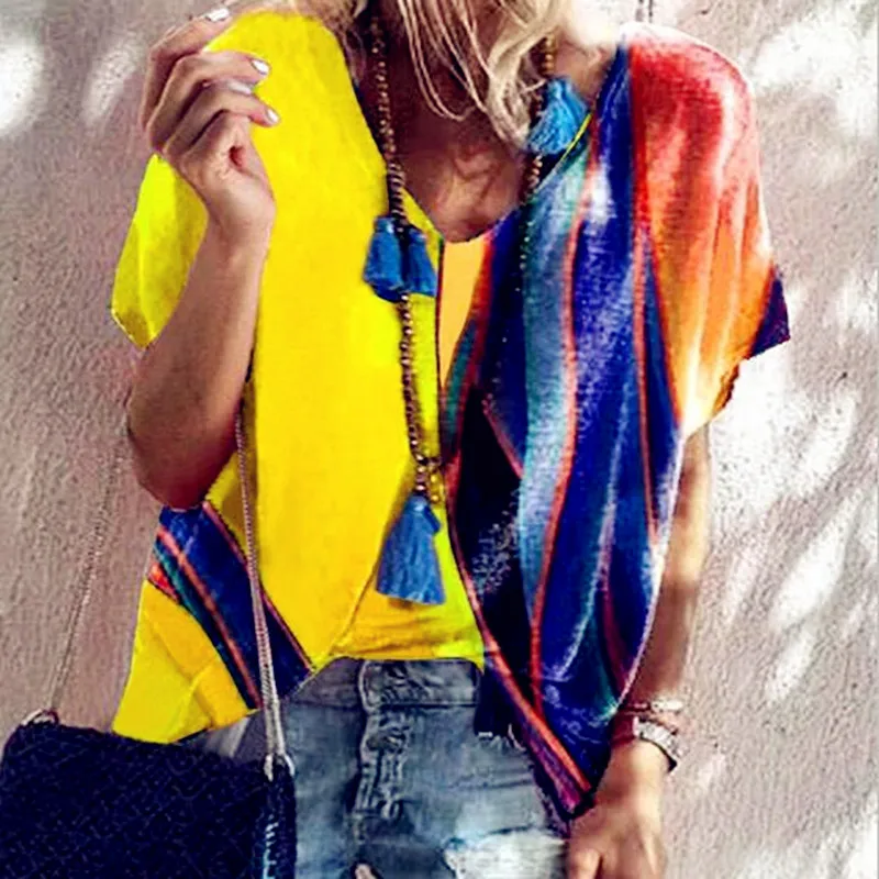 

Summer Fashion Colors Sexy Patchwork Women Big Large Plus Sizes Big Large Loose Big Large Vintage Fashion T Shirts Tops Tees