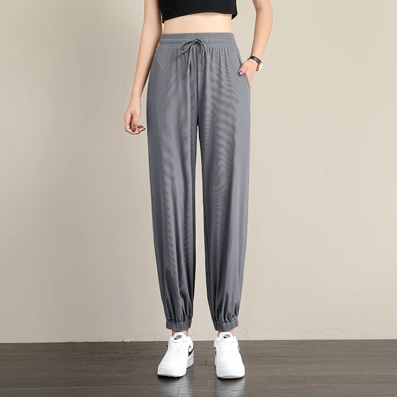 

Ice Silk Women Wide Leg Sweatpants Autumn Winter High Waist Jogger Thin Pants Solid Hip Pop Sport Trousers Casual Harem Pants