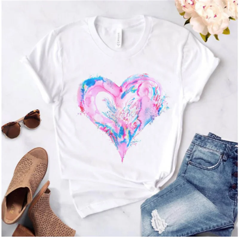 Женская футболка AOWOF белая Базовая с круглым вырезом и принтом сердца коротким