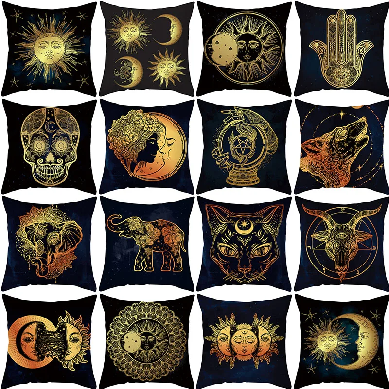 

Black Gold Pillow Covers Nordic Style Cushion Cover 45X45 Tarot Divination Pattern Sun Moon Decorative Pillowcase Sofa Cushions
