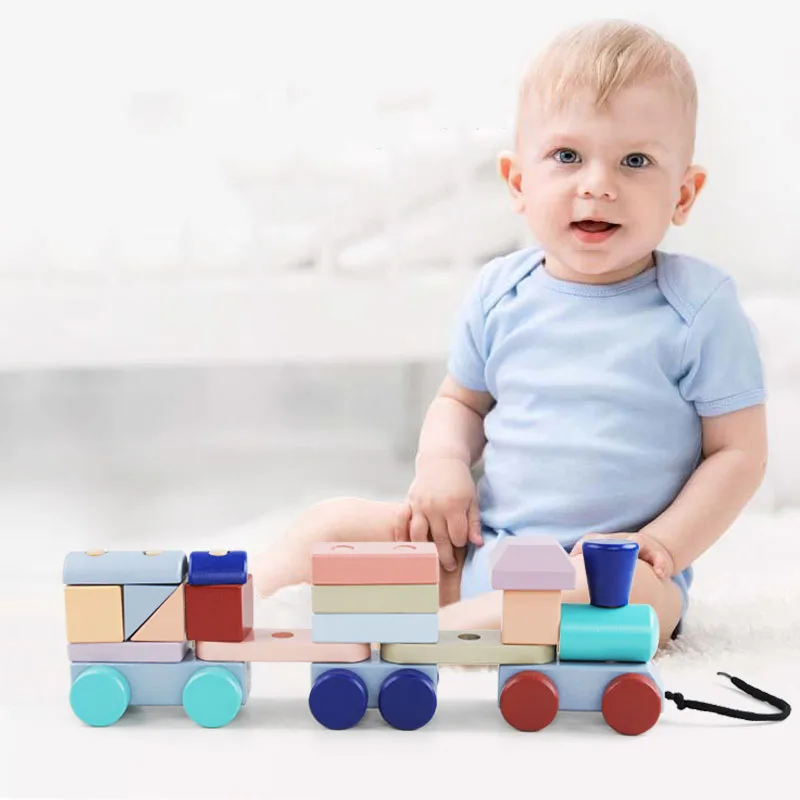Wooden train building blocks Montessori toys infant dragging cart geometry cognitive education children birthday Christmas gift | Игрушки и