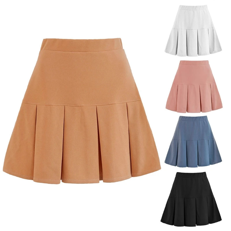

Womens Summer Elastic High Waist Pleated Mini Skater Skirt Simple Solid Color A-Line Flared Hem Tennis School Uniform