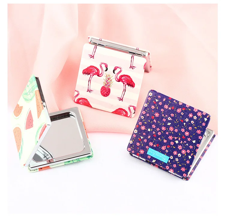 PU Folding Small Mirror Portable Makeup Pocket Mirror Round Mirror