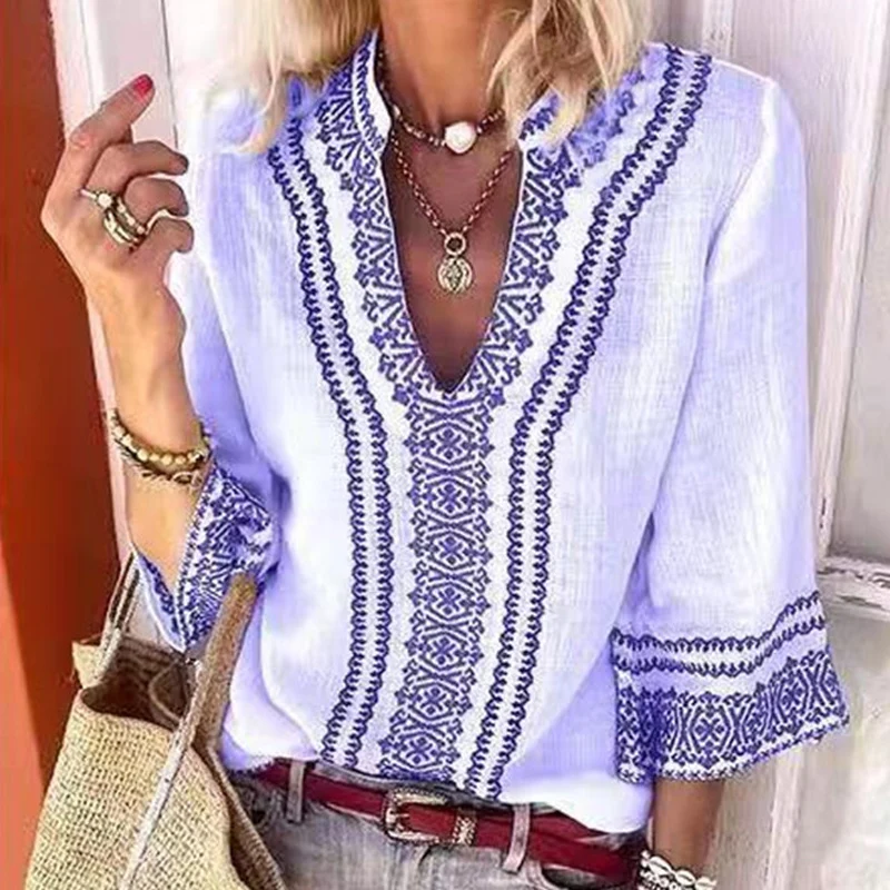 

New Autumn Three Quarter Sleeve Vintage Blouse Women Sexy Deep V Neck Elegant Office Lady Top Shirt Spring Patchwork Loose Blusa