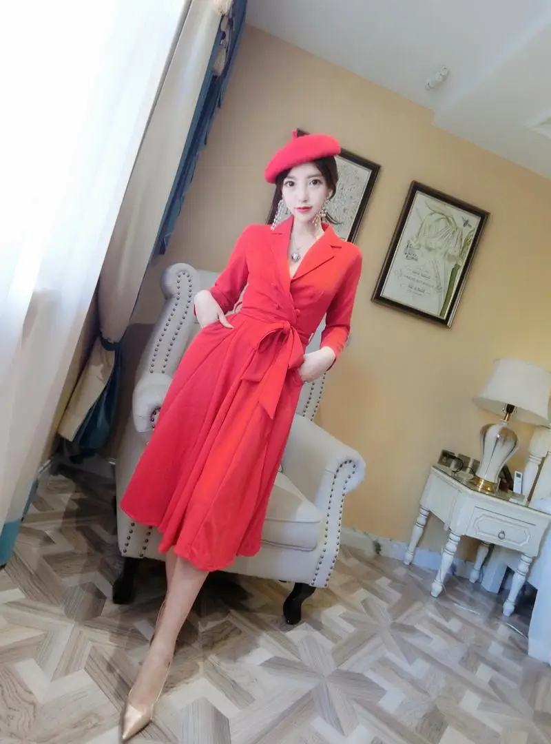 Женское красное платье элегантное двубортное с поясом женское Деловое рубашка