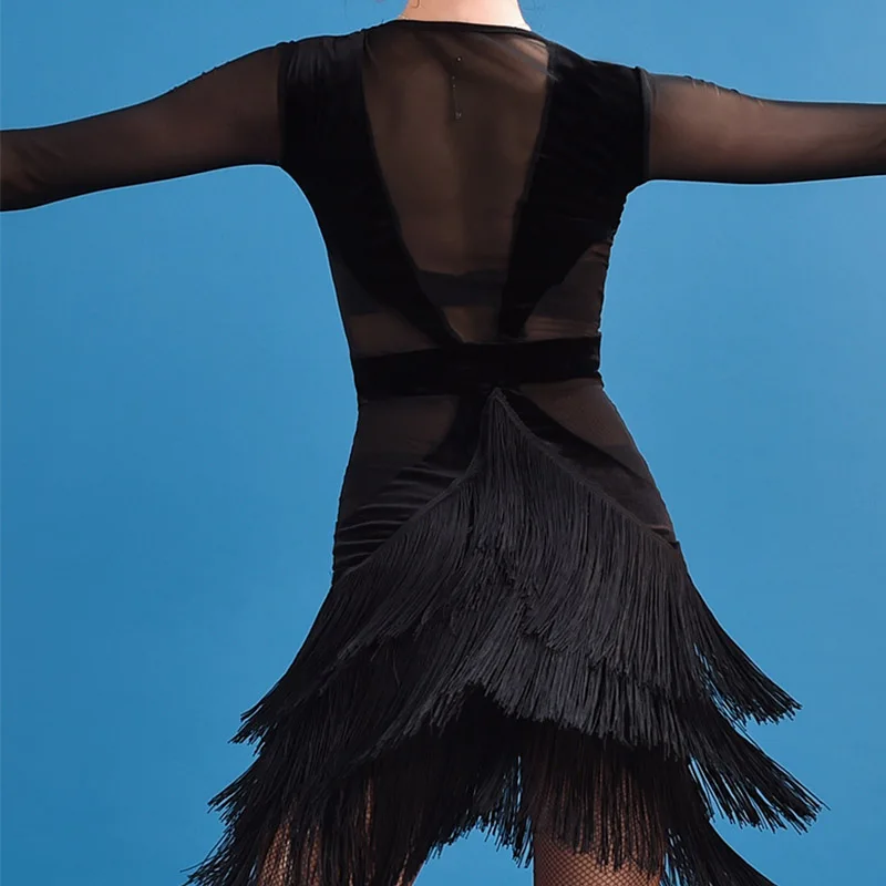 

Black Latin Dress Women Sexy Cha Cha Salsa Tango Samba Rumba Stage Performance Fringe Dresses Ballroom Practice Wear DC4267