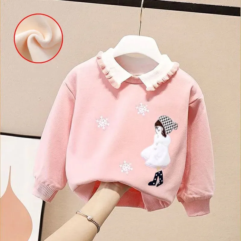 

Autumn Winter Girls Bottoming Shirt Girl Tees Lapel Casual Cartoon T-shirt Children's Warm Sweater Baby Velvet T-shirt