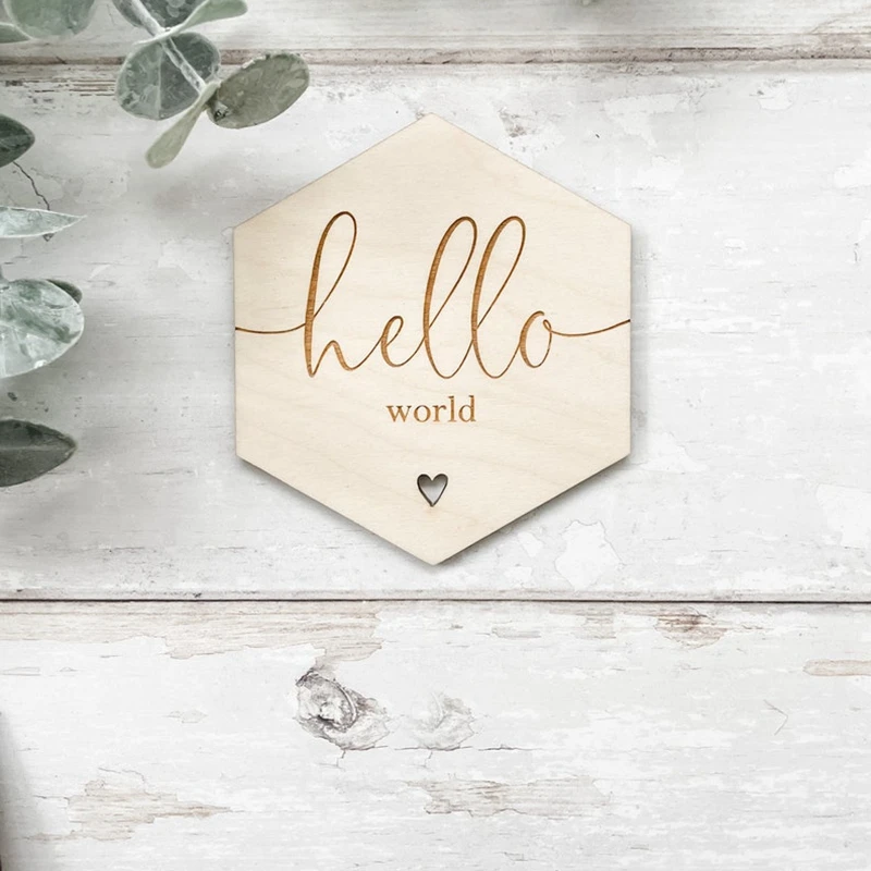 Hello World-disco hexagonal de madera grabado con láser, señal de llegada para anuncio de bebé, 20 unidades