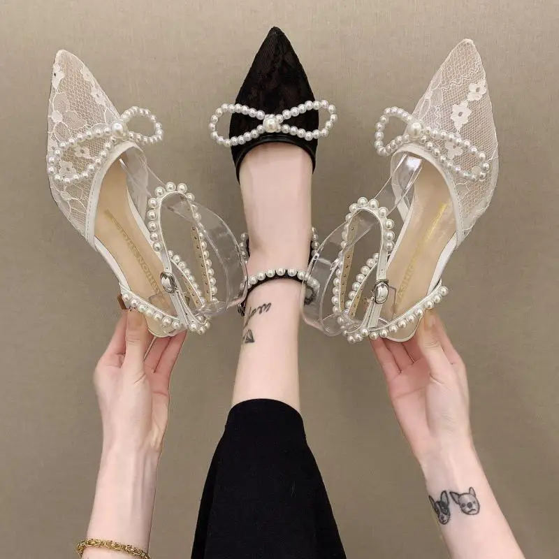 

Summer 2021 New High Heels Sandals Pearl Pointed Kitten Heel Single Shoes Women Butterfly-knot Lace Hollowout Sandalias Mujer