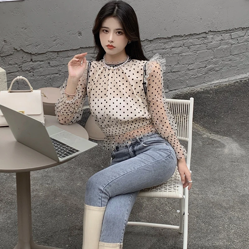 

2021 New Women Sexy Perspective Dots Mesh Blouse Female Ruffle Neck Pleated Ruffles Puff Sleeve Shirt Chic Tops Shirts