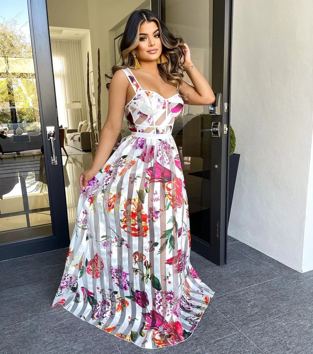 Women Beach Cover Ups Long Plus Size Swimwear Cover Up Dress Tunic Summer Swimsuits Kaftan Playa Pareo Strap Printing Floral