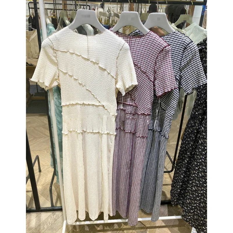 

Chic Wooden Ear Patchwork Pleated Women Dress 2021 Spring Summer Drawstring Vestidos New High Waist Plaid Dresses 1H970