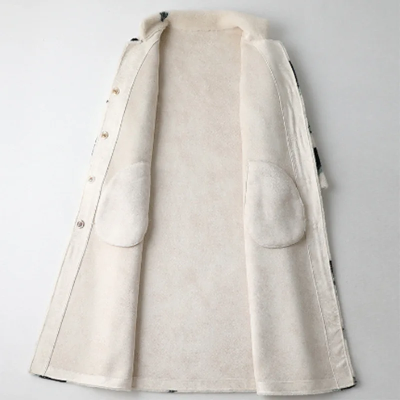 Elegant White Print Flower Real Fur Coat Office Lady Winter Wool Clothes Women Warm Jacket Middle Length Genuine Fur Overcoats