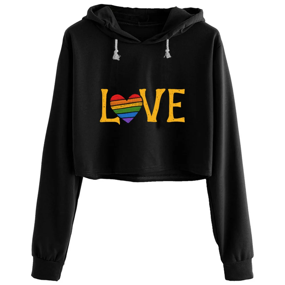 

Love Pride Rainbow Crop Hoodies Women Aesthetic Kpop Korean Y2k Pullover For Girls