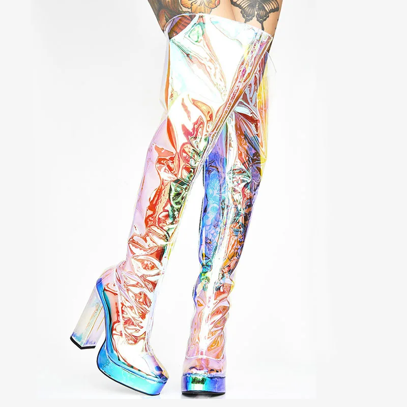 

Knee High Boots New Thick Heels Colorful Transparent Fashion Women's Boots Large High Heels Cool Boots European And American Sty