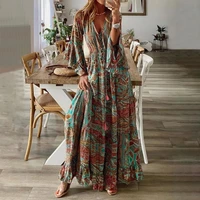 three quarter sleeve wearable women printed long dress polyester pullovers dress v neck for leisure