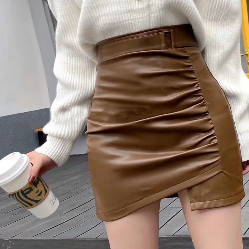 

Ladies office working clothing spring undefined women High Waist skorts PU buttocks skirts woman