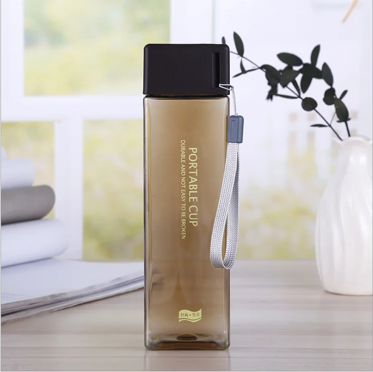 Coffee Новинка, милая квадратная чашка для чая, молока, фруктов, воды, 500 мл, бутылки для воды, напиток с веревкой, прозрачная, Спортивная, корейский стиль, термостойкая - Цвет: Coffee