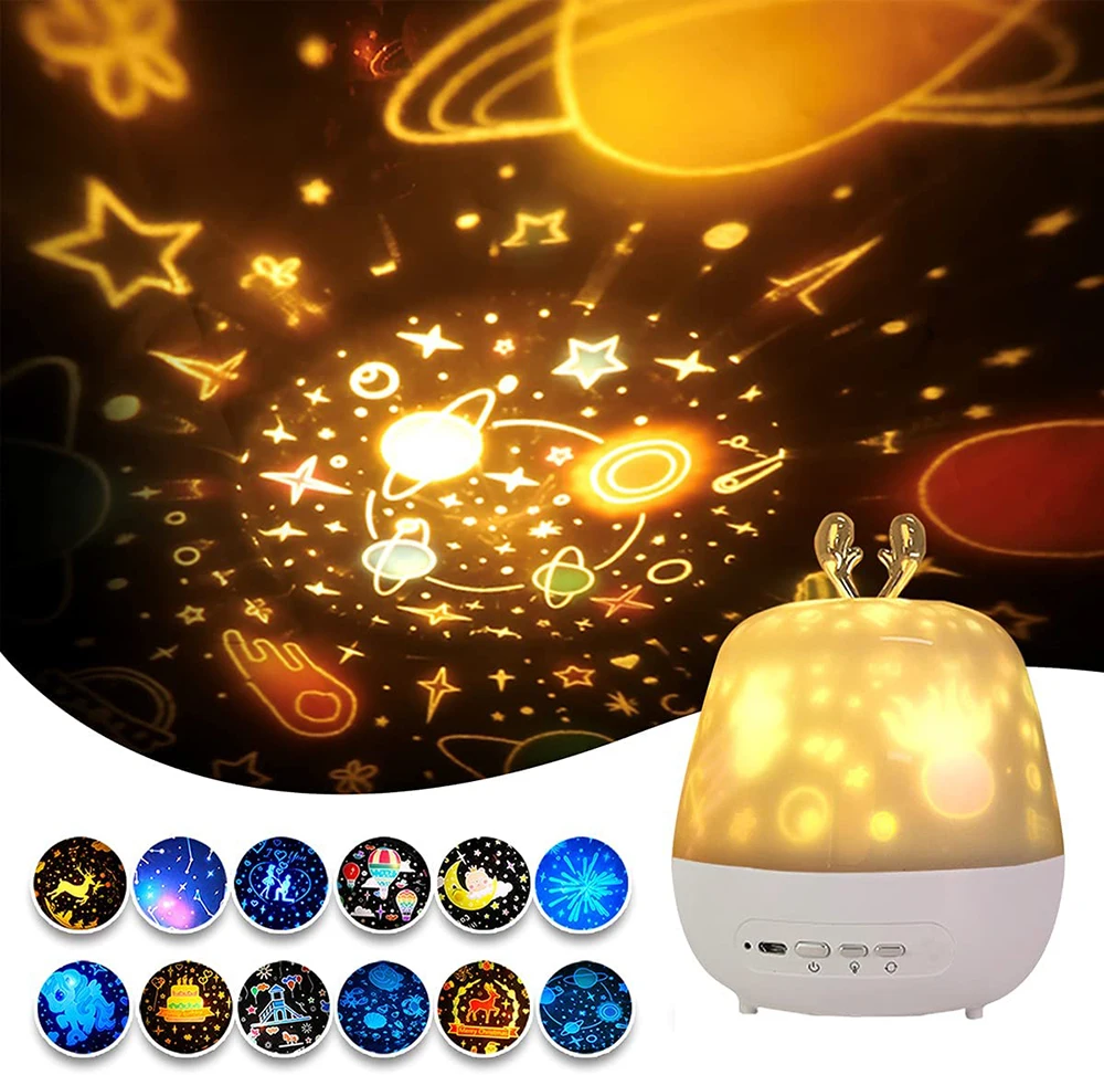 

Star Projector Night Light for Kids 12 Sets of Film Star Lamp Bedroom 360 Degree Rotation with Remote Cartoon Pattern LED Lamp