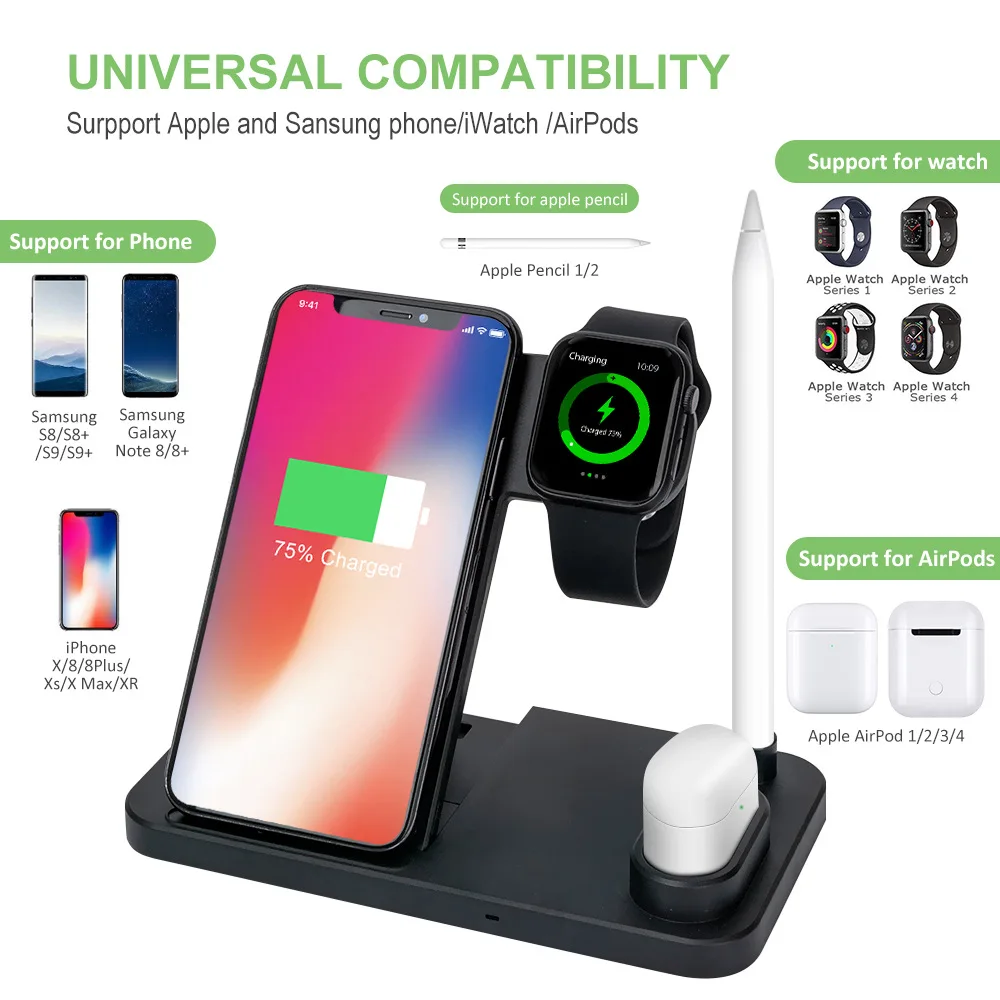 4 в 1 10 Вт быстрая Беспроводная зарядная станция для Apple Watch 3 2 Airpods карандаш Qi док