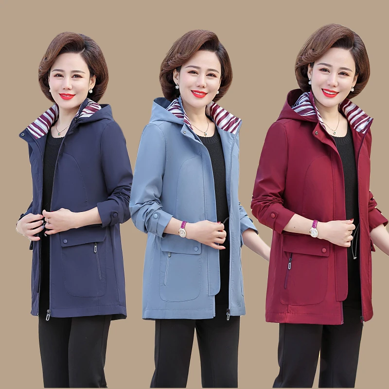 

New 2020 Spring Autumn Women's Trench Coat High Quality Women Windbreaker Coat Large Size Hooded Zipper Outwear Mother Dress
