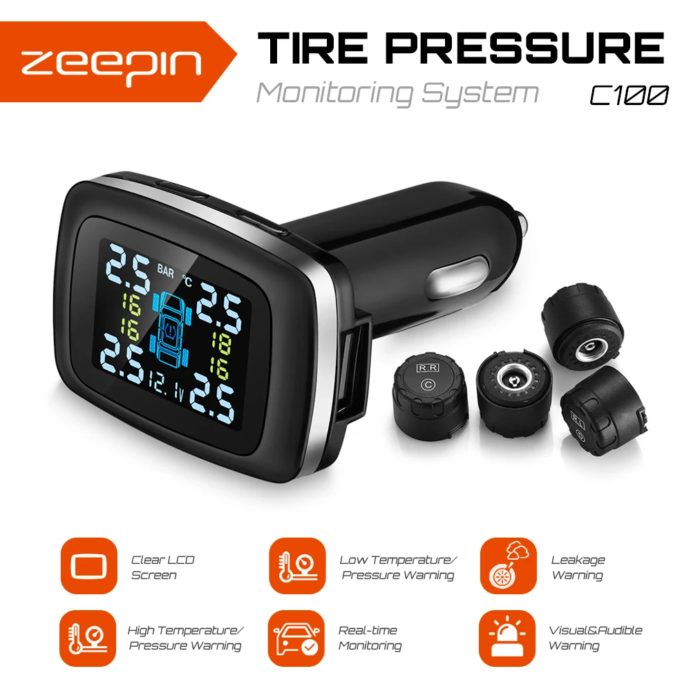 C100 прикуриватель TPMS ЖК-экран usb зарядка система контроля давления в шинах с 4 внешними датчиками давления в шинах