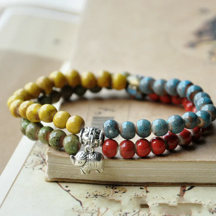 Модный шарм керамика цветок глазурь круглые бусины этнический стиль браслет