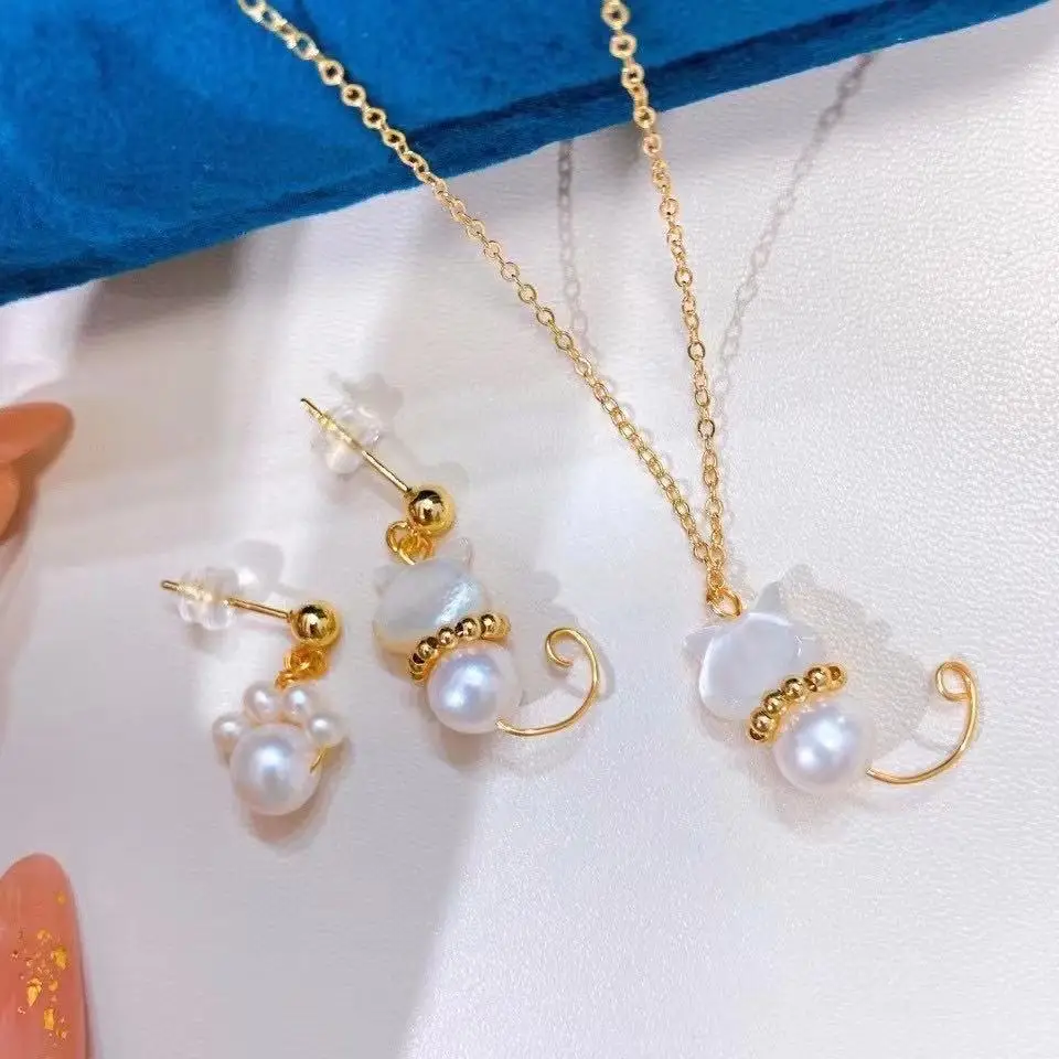 

Набор украшений из серег и ожерелья S925 в стиле аниме, милый стильный набор для девочек, жемчуг в форме кошки, 2021 искусство