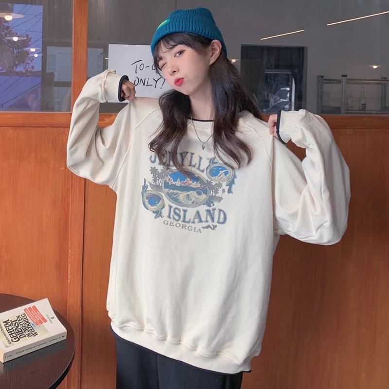 

autumn sweatshirt women cotton letter printing long sleeve Pullovers harajuku oversized apricot hoodie clothes korean streetwear