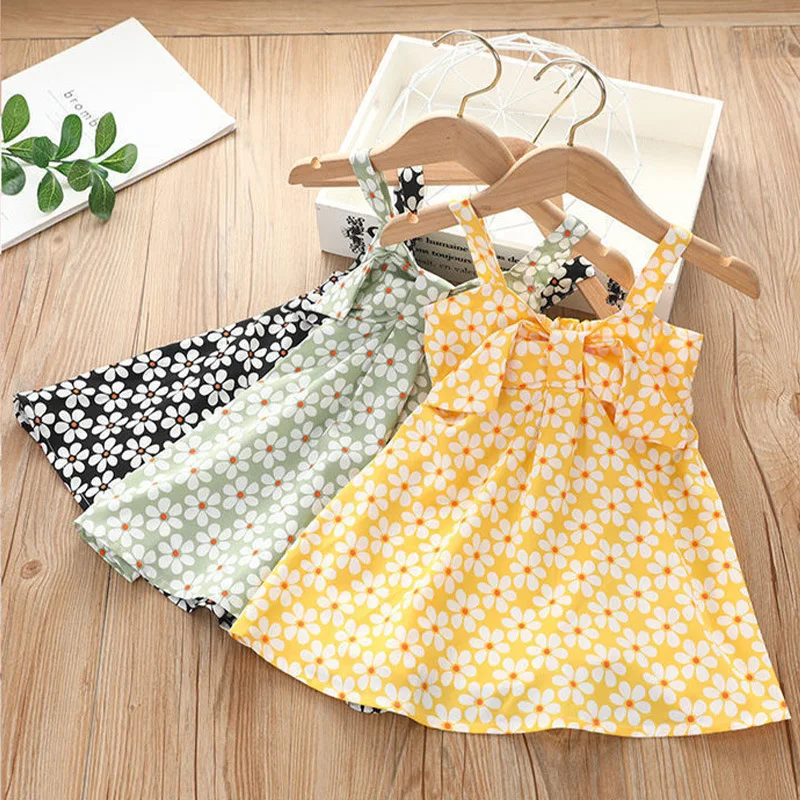 

Summer Dress Girl Cute Sling Bow Print Flower Girl Dresses Solid Color Fashion Kids Clothes Girls Kids Dresses for Kids Clothes