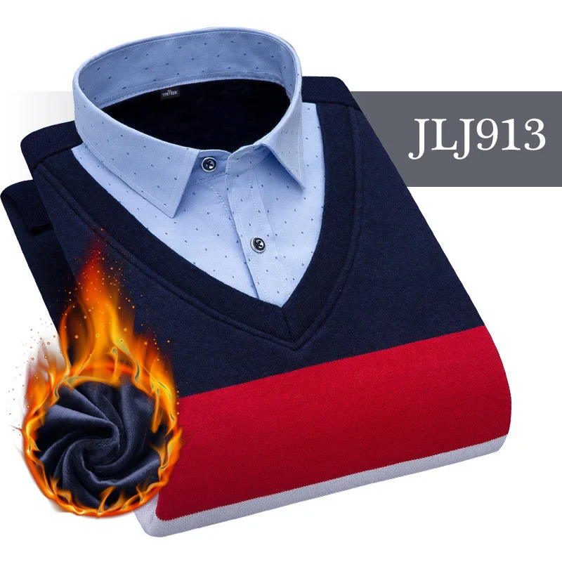 JLJ913 Мужская одежда, рубашки с вышивкой, в полоску, макет, из двух частей, платье, рубашка, имитация двойки, длинный рукав, толстый бархат, свитер, рубашки - Цвет: JLJ913