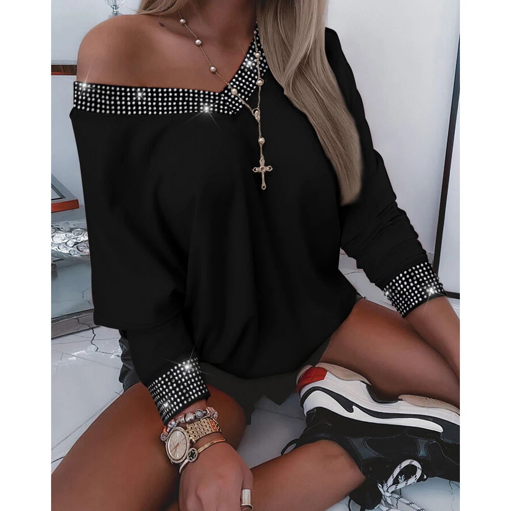 

Autumn Women Rhinestone Heart Neck Top 2022 Femme Casual Off Shoulder Long Sleeve Blouse Sexy Chic Lady Party Clothing Y2k