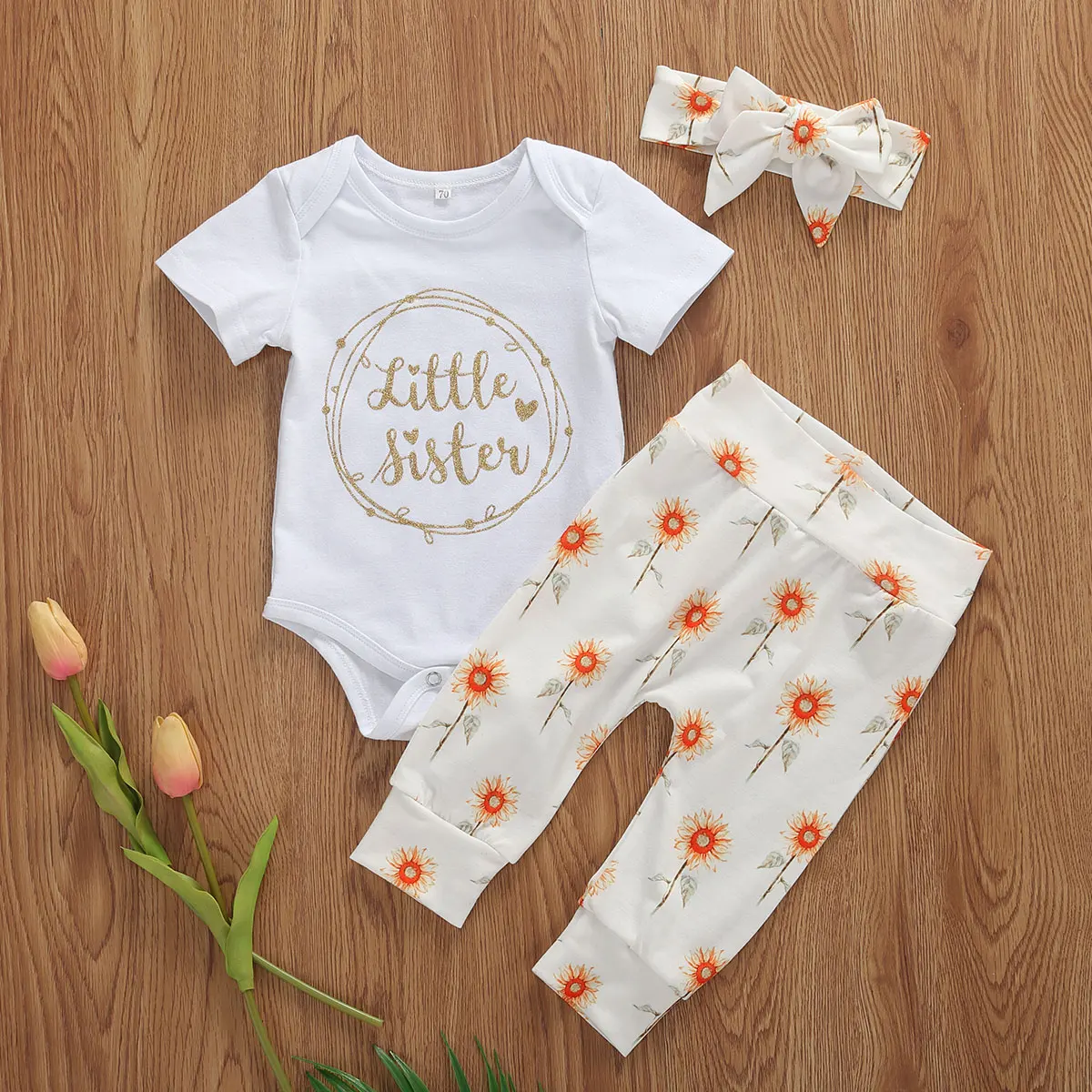 3 шт. хлопковые комбинезоны с коротким рукавом и принтом подсолнухов|Комплекты