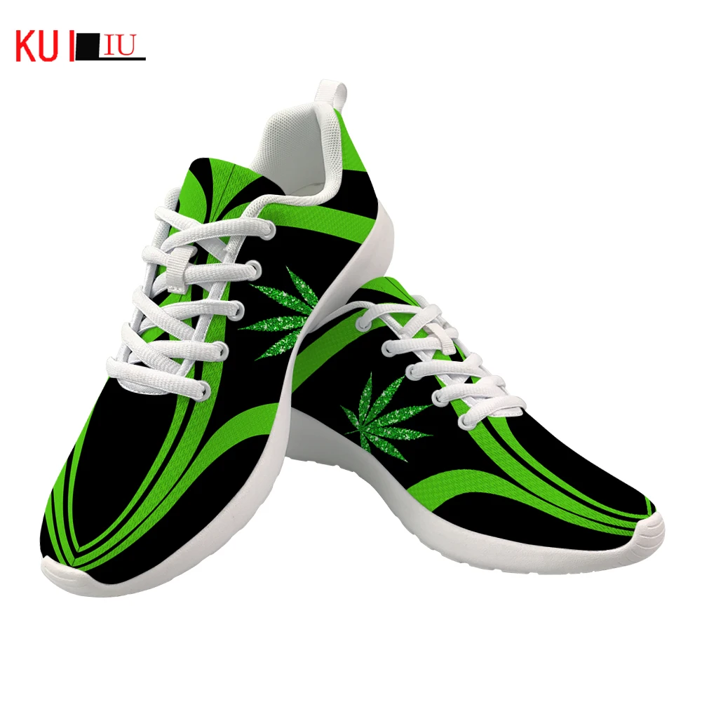 

KUILIU Casual Shoes for Womens 3D Green Weed Leaves Printed Brand Design Breathable Sneakers Lace Up Flats Shoes Zapatos Mujer