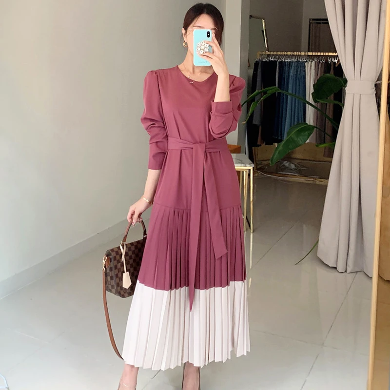 

Dresses Women 2021 New Korean Fashion Elegant O Neck Loose Tie Waist Hem Contrast Color Stitching Pleated Dress Long Vestidos