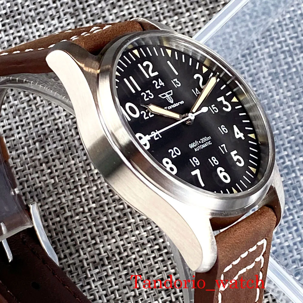 Продажа Мужские водонепроницаемые часы-авиаторы тандорио, 39 мм, черный циферблат, Сапфировая трава, 200 м, NH35A PT5000, кожа, светящиеся