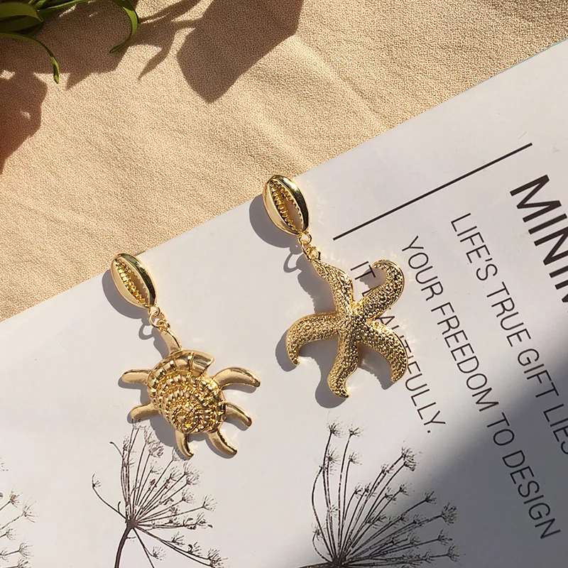 

Handmade Cowrie Starfish Women Earrings Gold Geometric Conch Brincos Fashion Summer Ocean Beach Jewelry Stud Earring