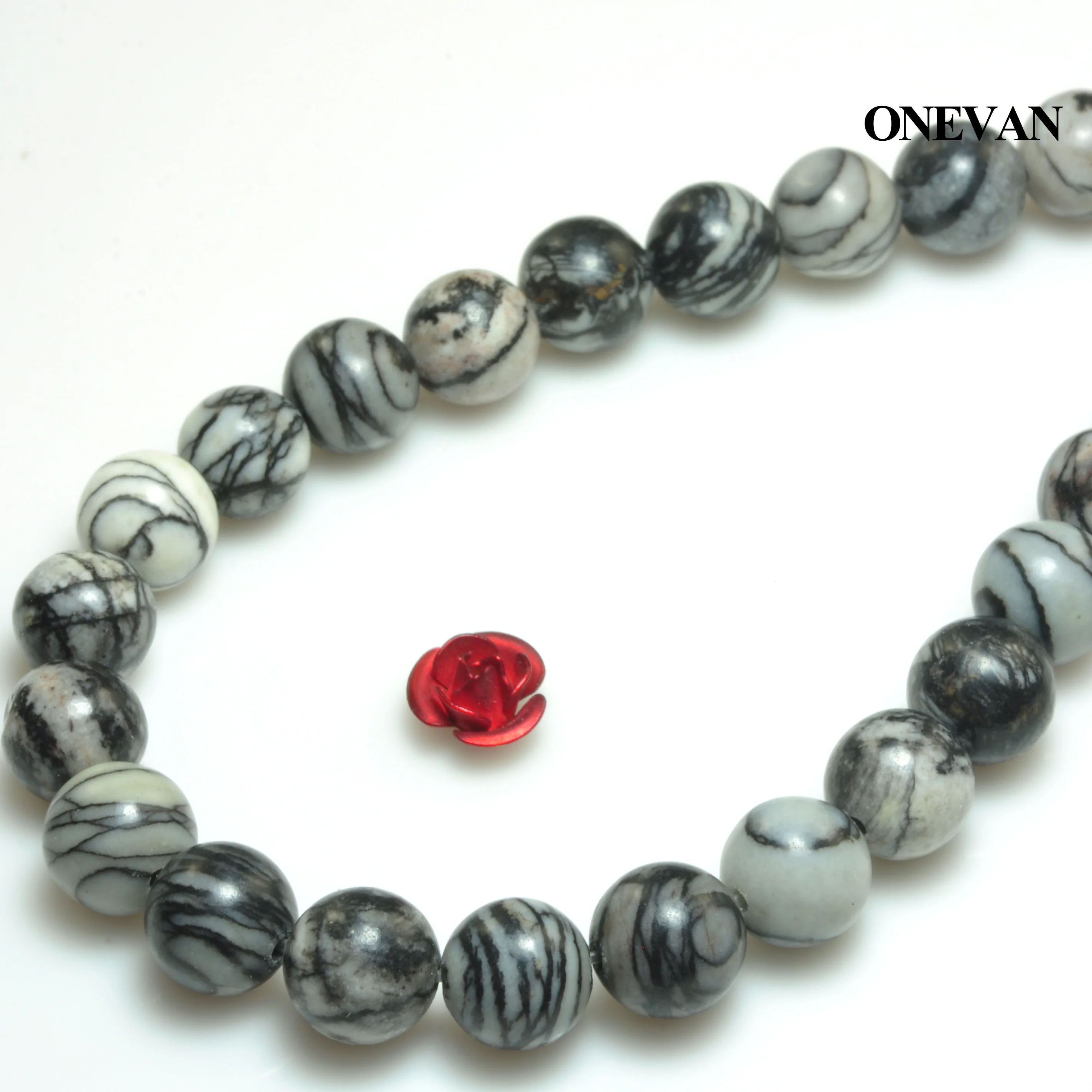 

ONEVAN Natural Black Network Zebra Stripes Smooth Round Beads Stone Bracelet Necklace Jewelry Making Diy Accessories Gift Design