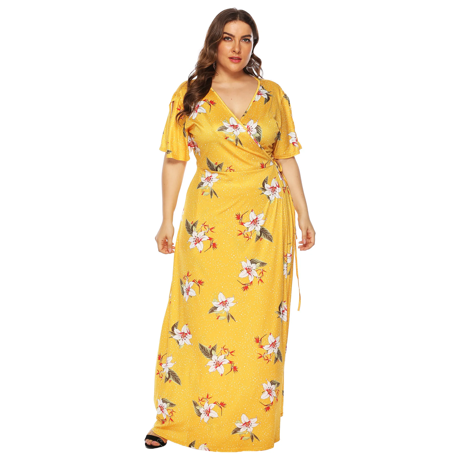 

for Women Floral Deep Fashionable V-Neck Short Sleeve Dress Large Size Lanon Four Colors Print Long Dresses