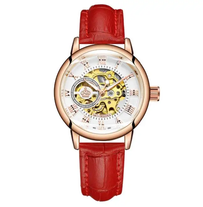 Reloj Mujer Montre Femme серебряные ЖЕНСКИЕ НАРЯДНЫЕ Часы Дамские автоматические механические часы с ремешком из нержавеющей стали - Цвет: Красный
